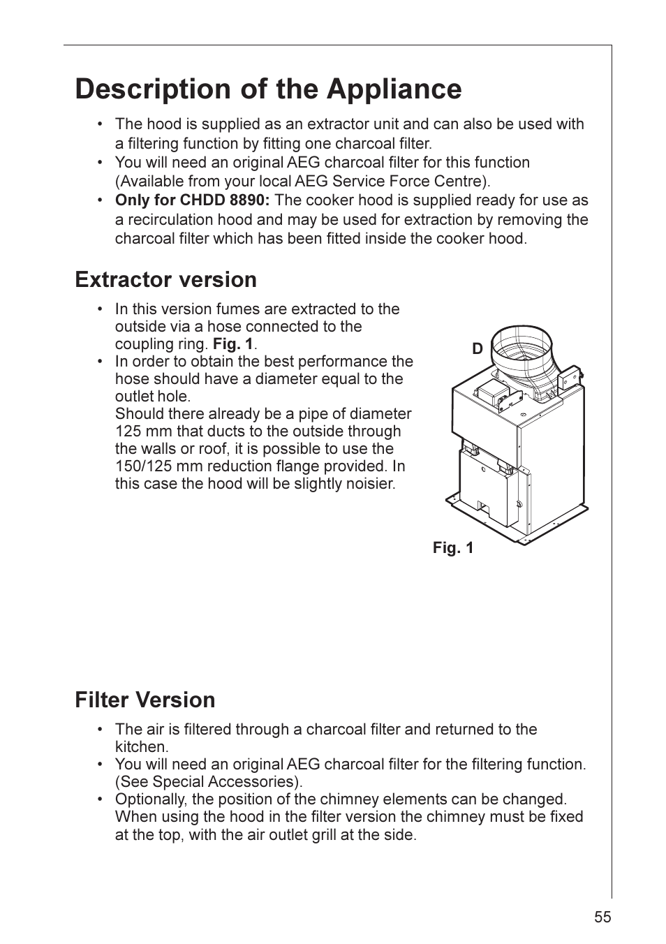 Description of the appliance, Extractor version, Filter version | Electrolux DD 8890 User Manual | Page 5 / 20