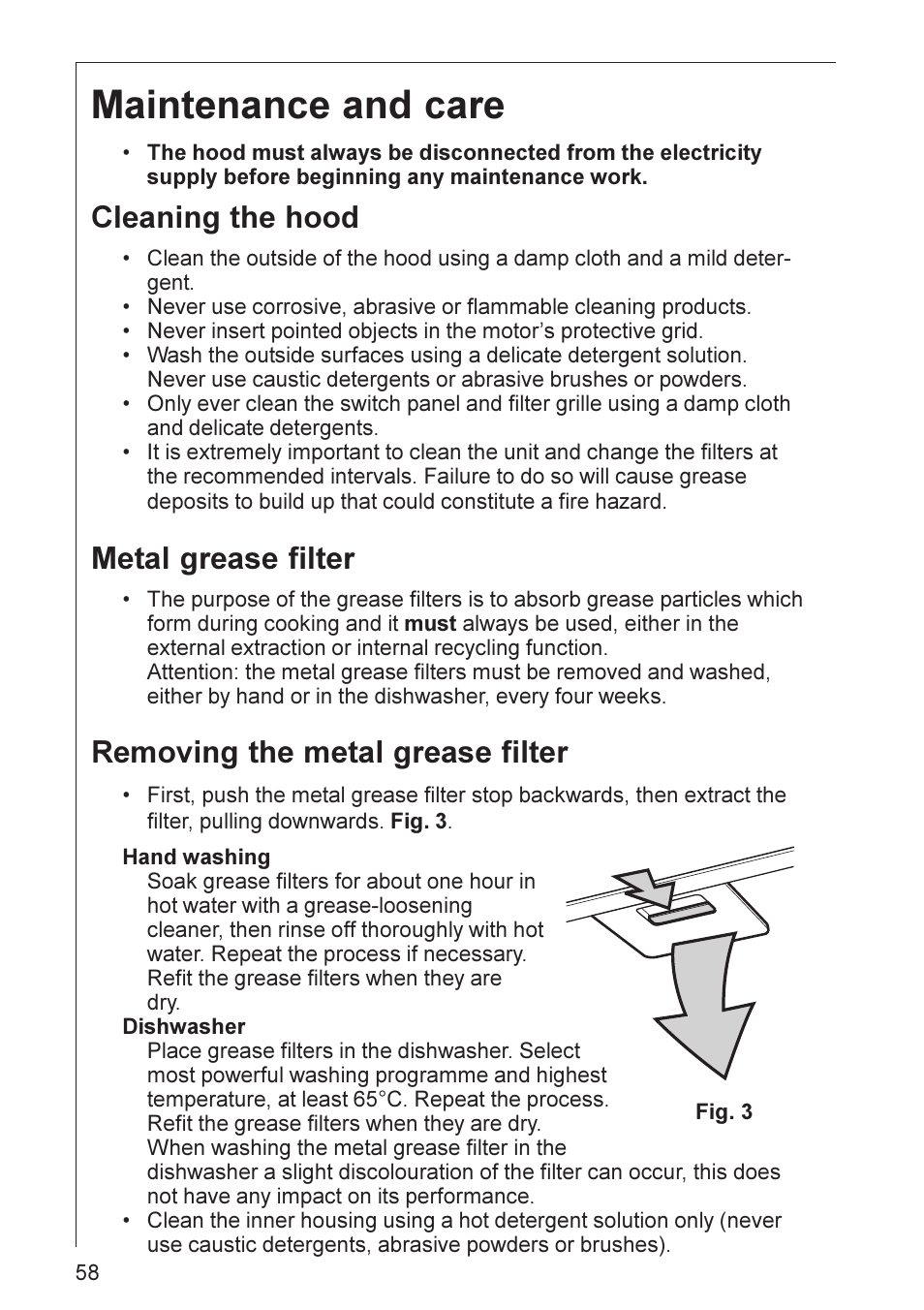 Maintenance and care, Cleaning the hood, Metal grease filter | Removing the metal grease filter | Electrolux DD 8890 User Manual | Page 8 / 20
