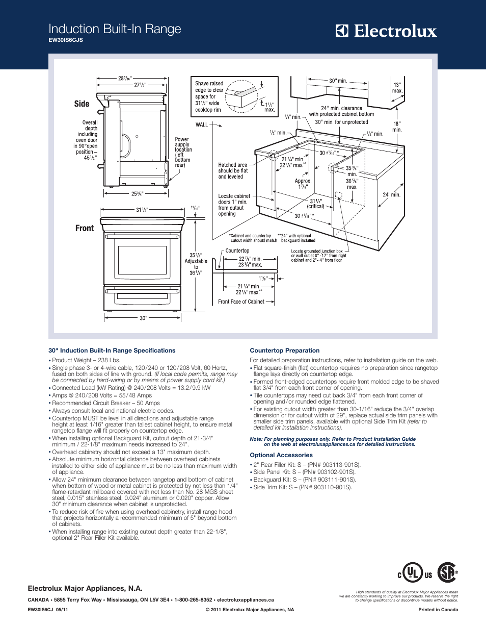 Induction built-in range, Electrolux major appliances, n.a | Electrolux Wave-Touch Electronic Oven Control EW30IS6CJS User Manual | Page 2 / 2