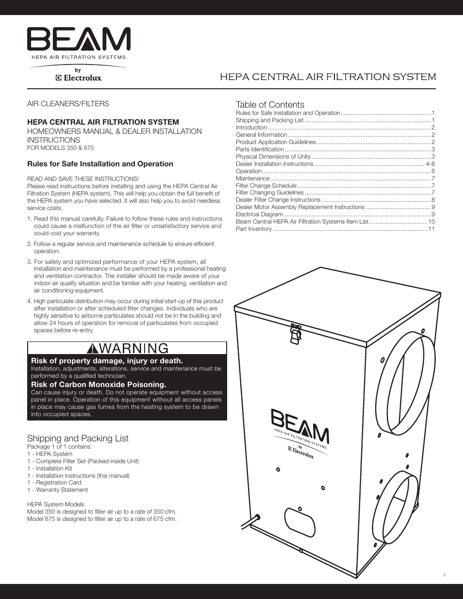 Beam Electrolux HEPA Air Filter Central User Manual | 12 pages