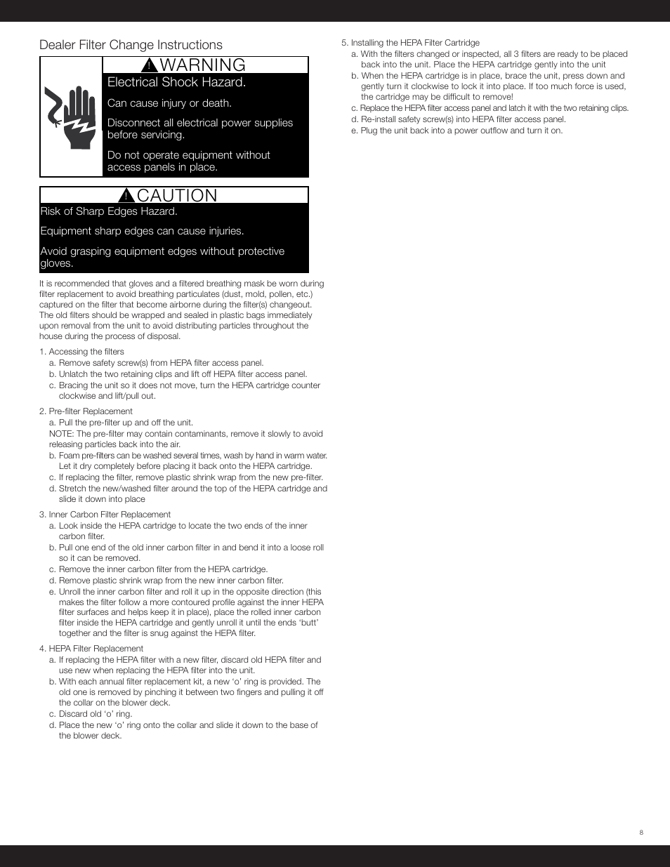 Caution, Warning, Dealer filter change instructions | Electrical shock hazard | Beam Electrolux HEPA Air Filter Central User Manual | Page 8 / 12