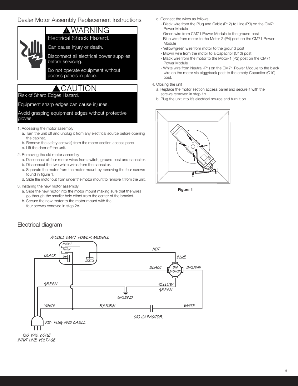 Caution, Warning, Dealer motor assembly replacement instructions | Electrical shock hazard, Electrical diagram | Beam Electrolux HEPA Air Filter Central User Manual | Page 9 / 12