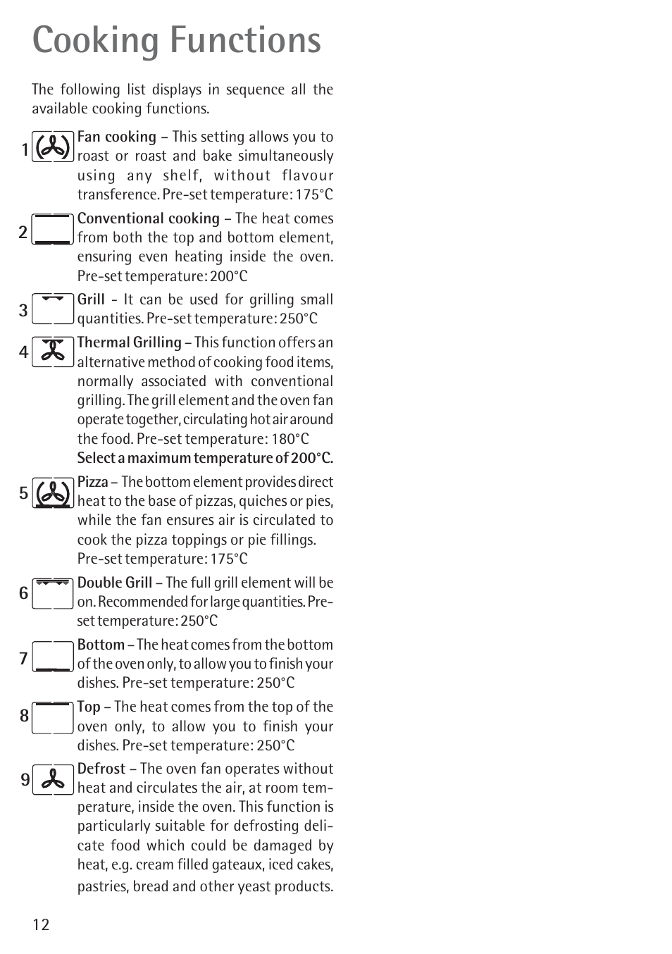 Cooking functions | Electrolux B 89092-4 User Manual | Page 12 / 48