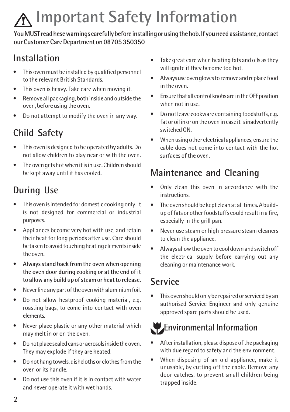 Important safety information, Installation, Child safety | During use, Maintenance and cleaning, Service, Environmental information | Electrolux B 89092-4 User Manual | Page 2 / 48