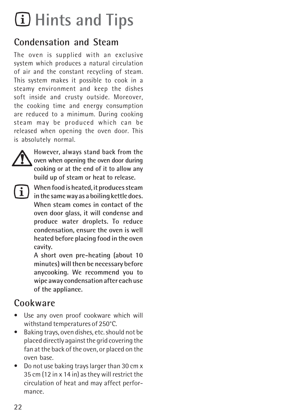 Hints and tips, Condensation and steam, Cookware | Electrolux B 89092-4 User Manual | Page 22 / 48
