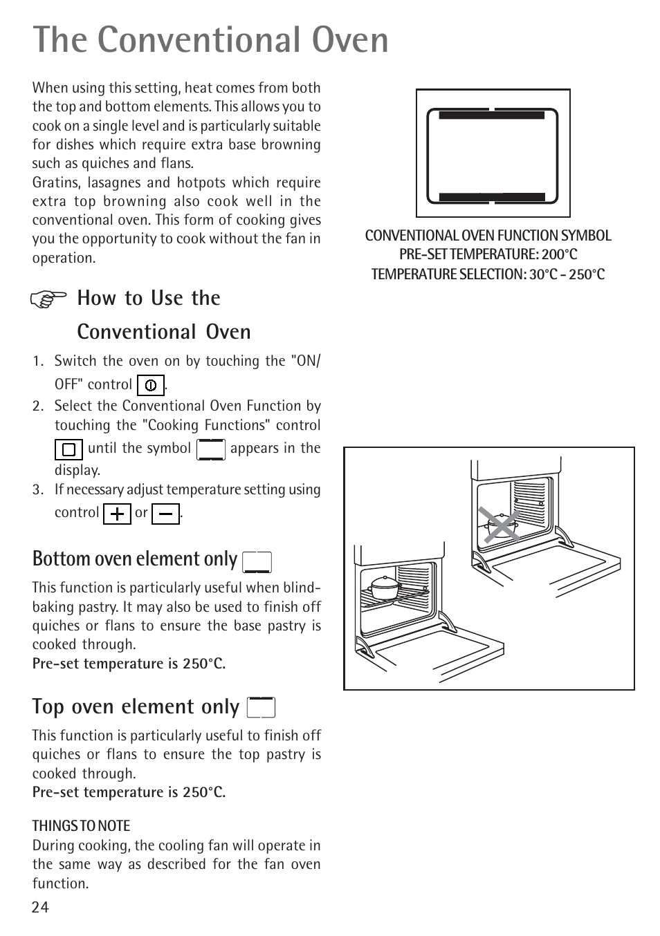 The conventional oven, How to use the conventional oven, Bottom oven element only | Top oven element only | Electrolux B 89092-4 User Manual | Page 24 / 48