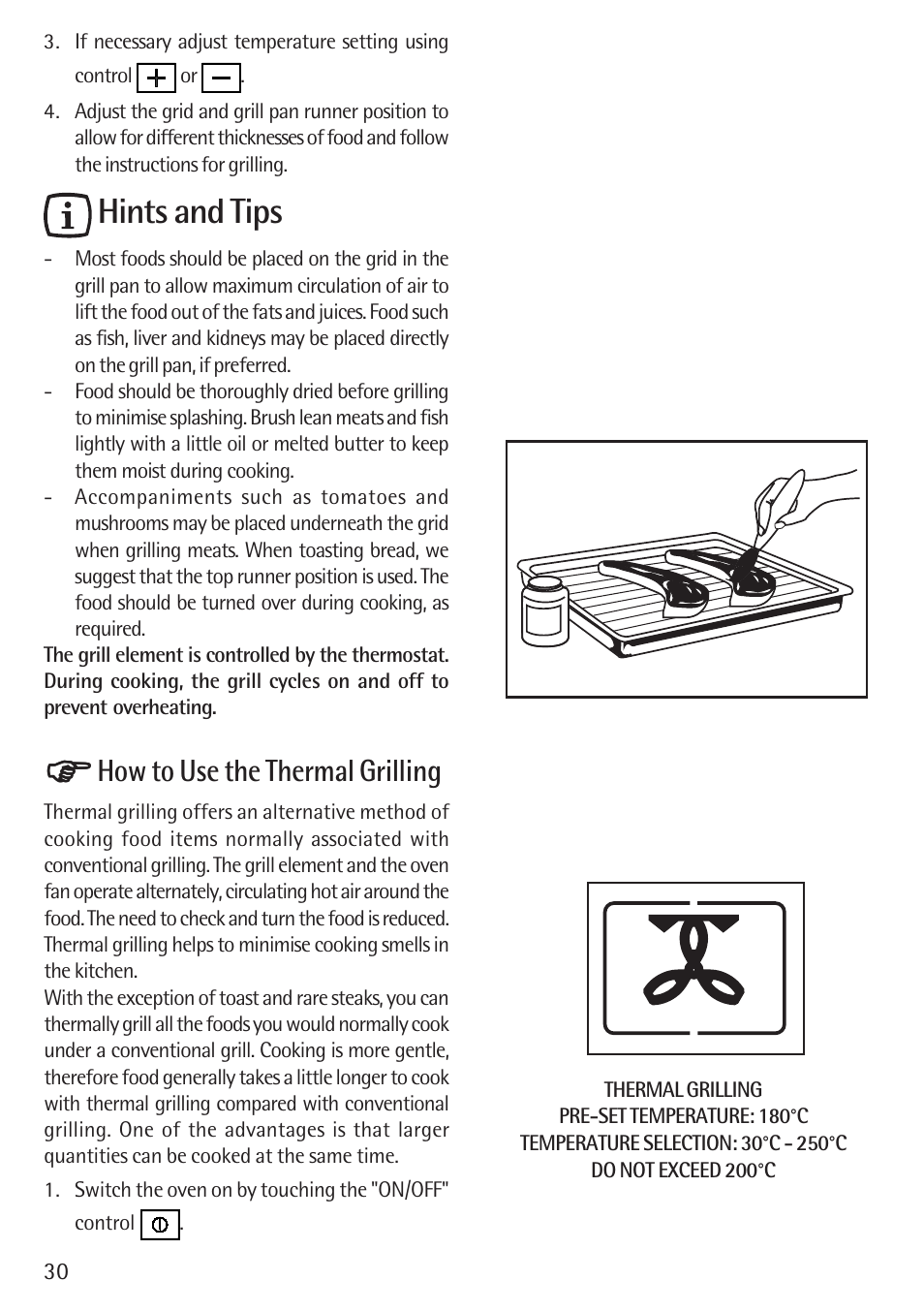 Hints and tips, How to use the thermal grilling | Electrolux B 89092-4 User Manual | Page 30 / 48