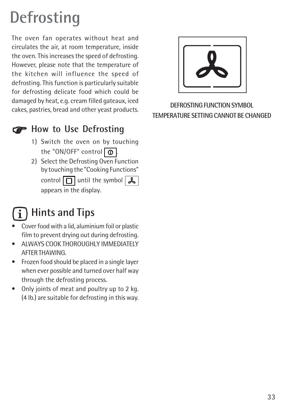 Defrosting, Hints and tips, How to use defrosting | Electrolux B 89092-4 User Manual | Page 33 / 48