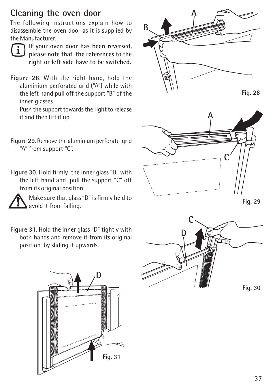 Cleaning the oven door | Electrolux B 89092-4 User Manual | Page 37 / 48