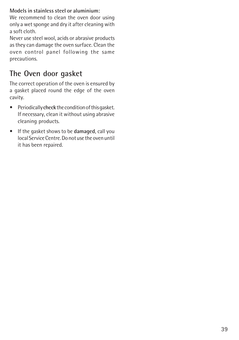 The oven door gasket | Electrolux B 89092-4 User Manual | Page 39 / 48