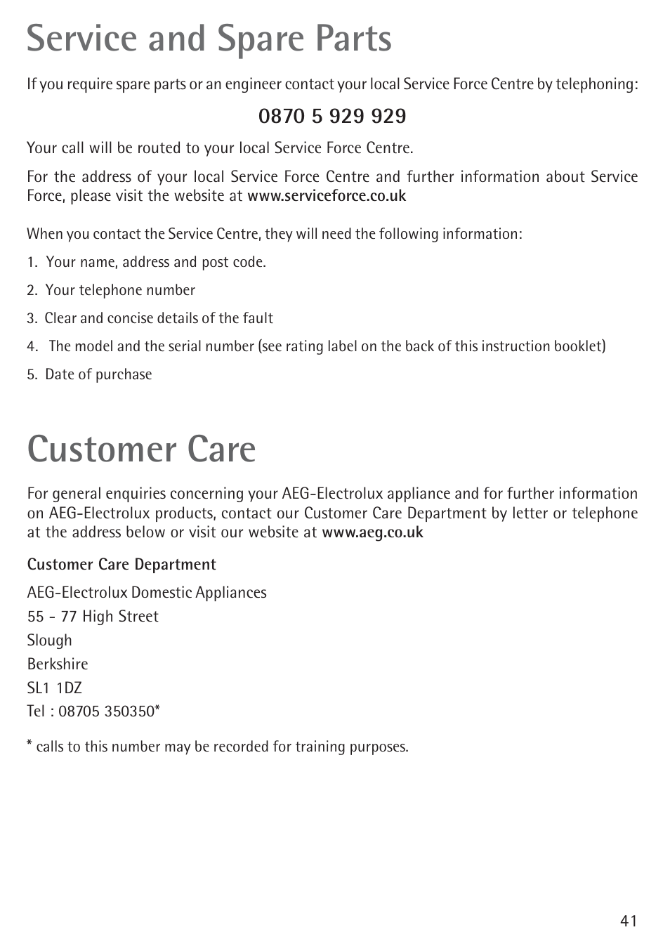 Service and spare parts, Customer care | Electrolux B 89092-4 User Manual | Page 41 / 48