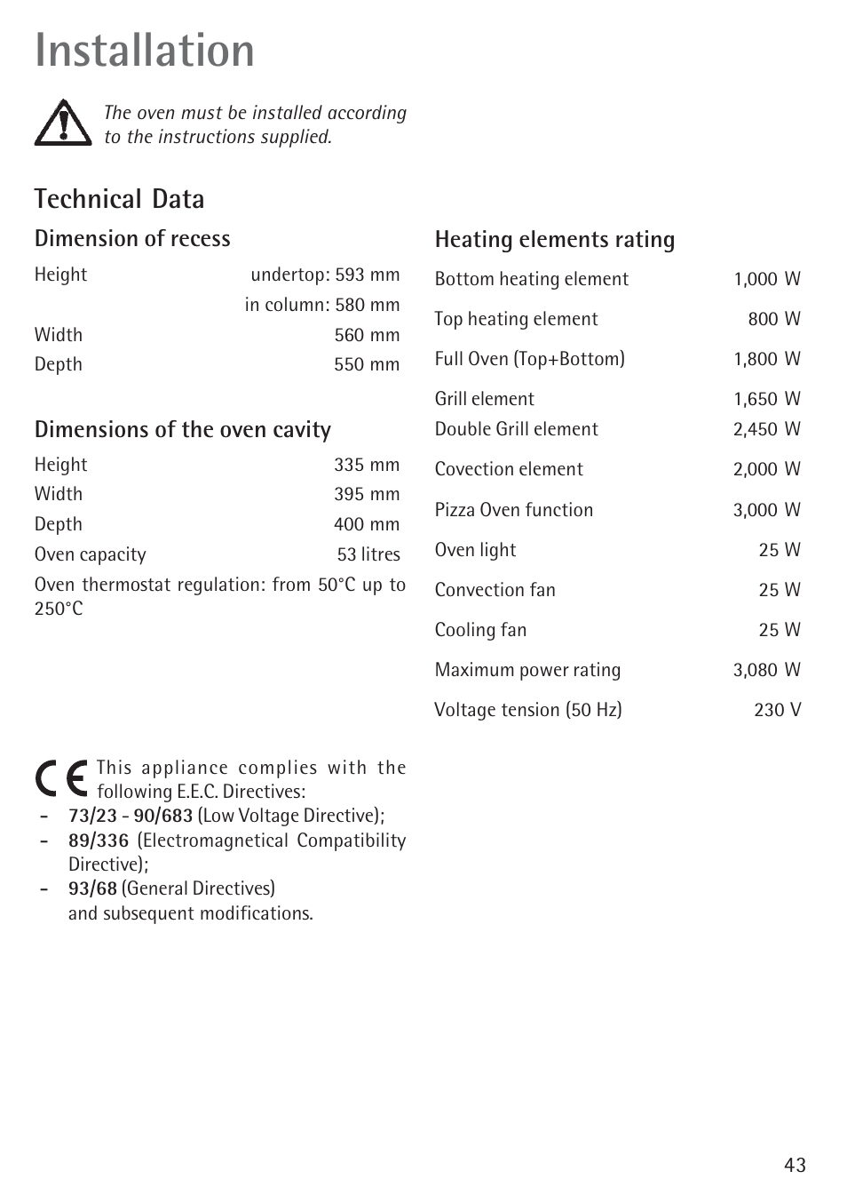 Installation, Technical data, Dimension of recess | Dimensions of the oven cavity, Heating elements rating | Electrolux B 89092-4 User Manual | Page 43 / 48