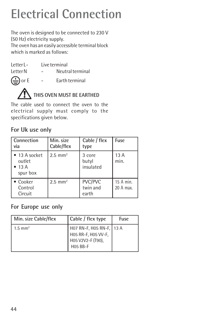 Electrical connection, For uk use only for europe use only | Electrolux B 89092-4 User Manual | Page 44 / 48