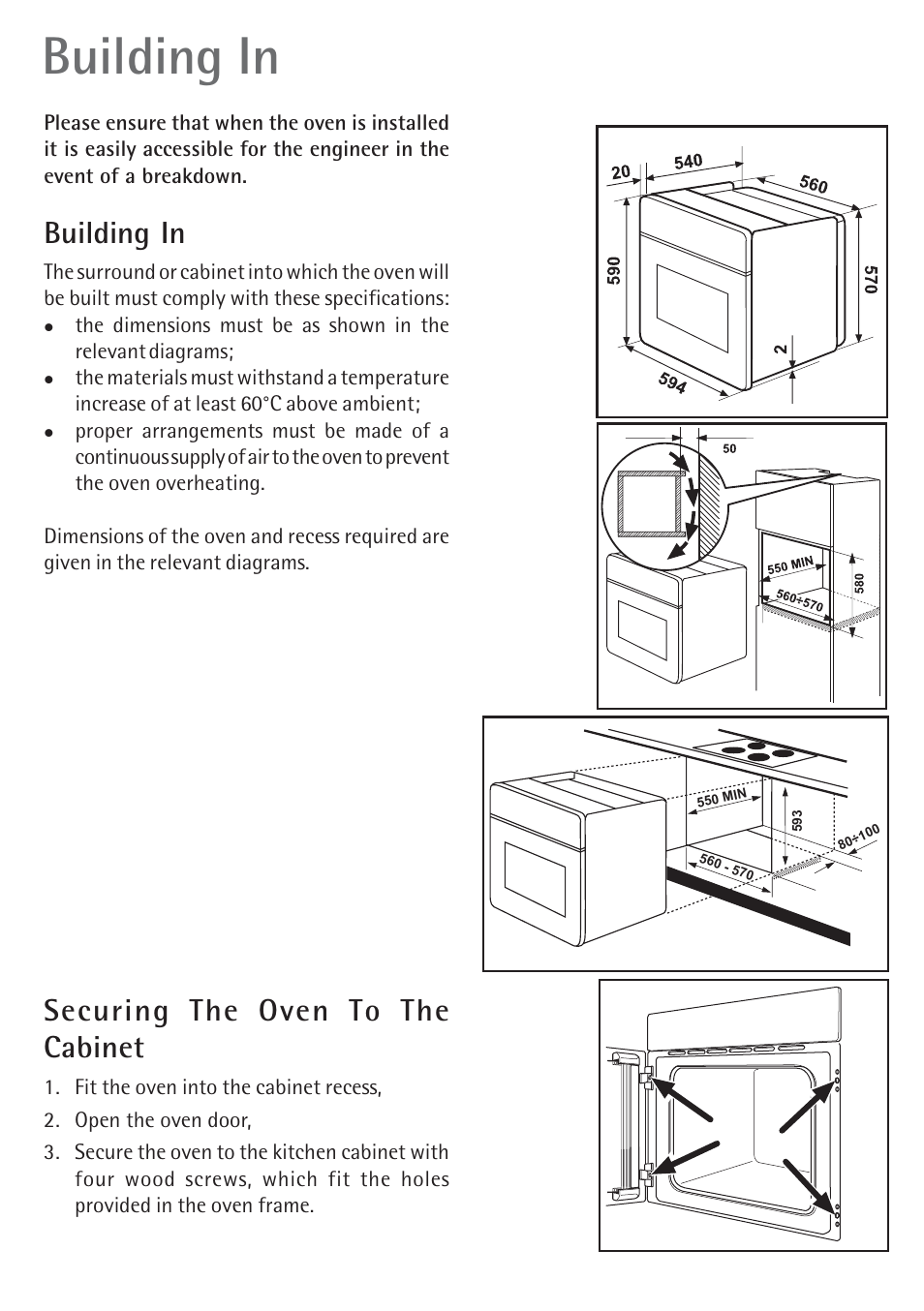 Building in, Securing the oven to the cabinet | Electrolux B 89092-4 User Manual | Page 46 / 48
