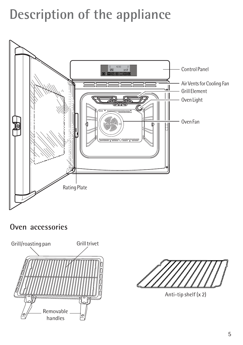 Description of the appliance, Oven accessories | Electrolux B 89092-4 User Manual | Page 5 / 48