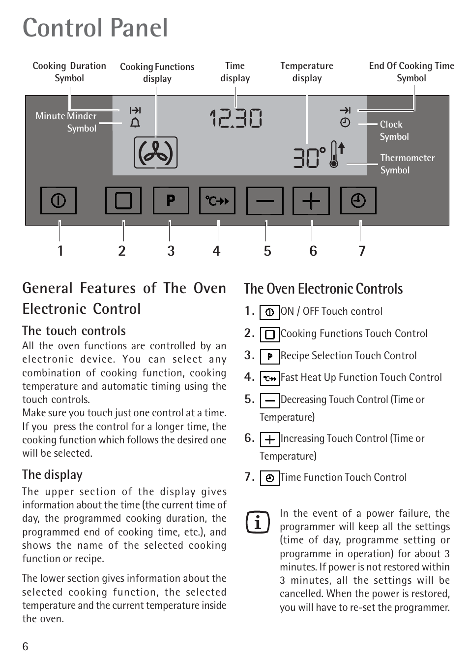 Control panel, The oven electronic controls, General features of the oven electronic control | Electrolux B 89092-4 User Manual | Page 6 / 48