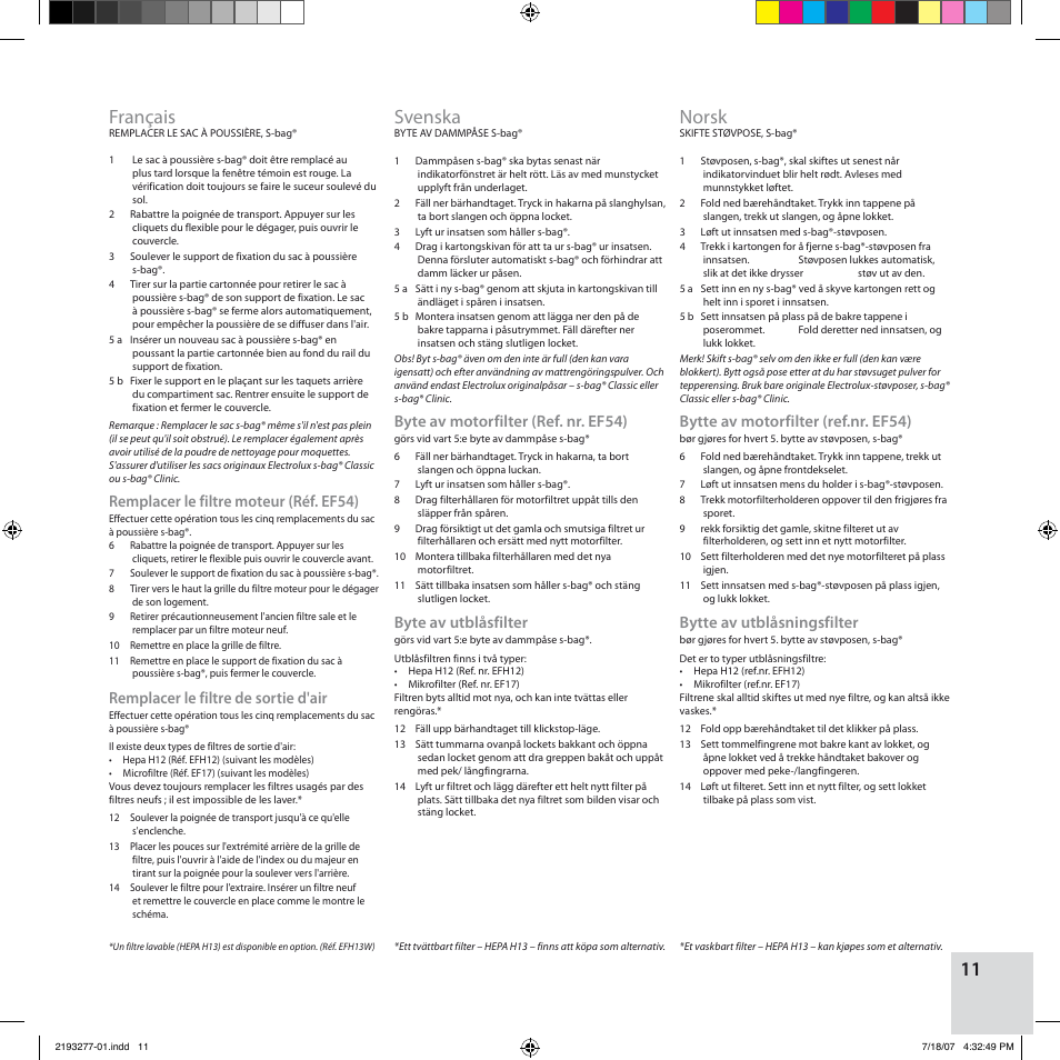 Français, Svenska, Norsk | Remplacer le filtre moteur (réf. ef54), Remplacer le filtre de sortie d'air, Byte av motorfilter (ref. nr. ef54), Byte av utblåsfilter, Bytte av motorfilter (ref.nr. ef54), Bytte av utblåsningsfilter | Electrolux Z3300 User Manual | Page 11 / 32