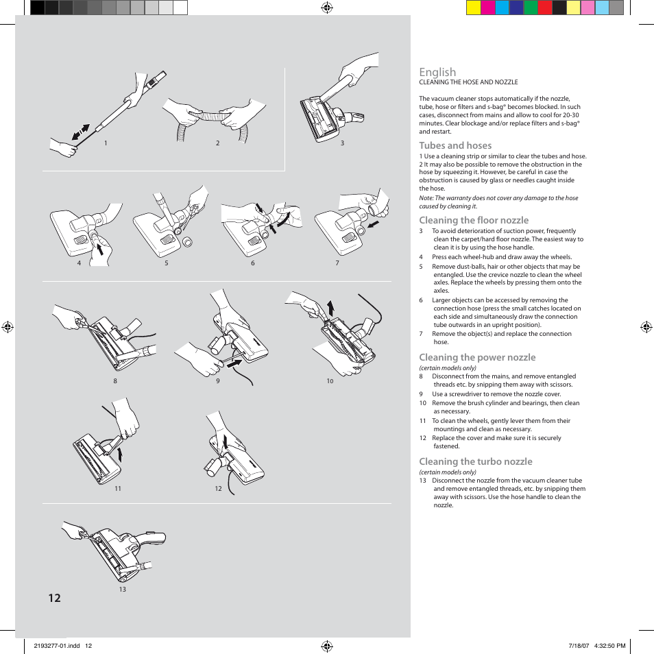 English, Tubes and hoses, Cleaning the floor nozzle | Cleaning the power nozzle, Cleaning the turbo nozzle | Electrolux Z3300 User Manual | Page 12 / 32