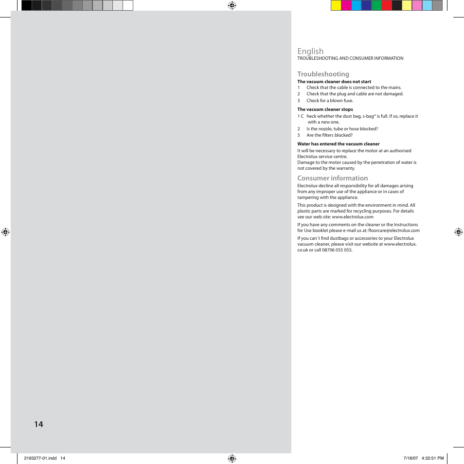English, Troubleshooting, Consumer information | Electrolux Z3300 User Manual | Page 14 / 32