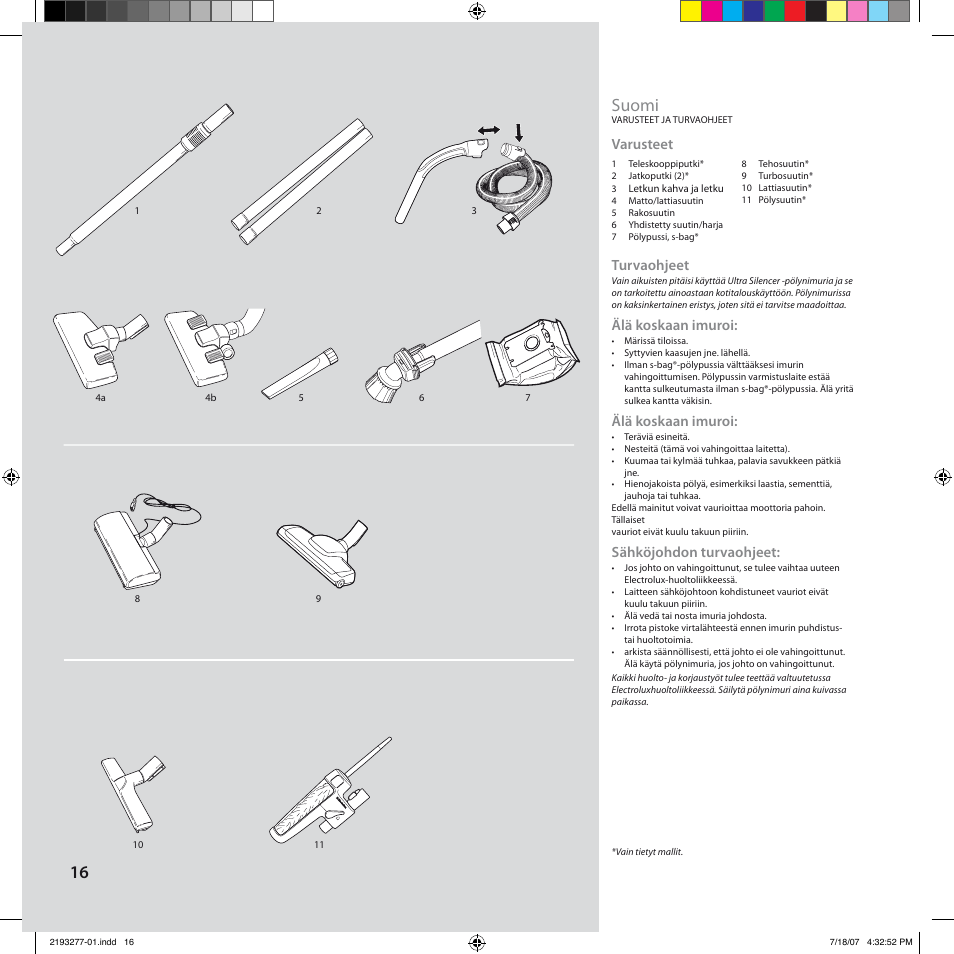 Suomi, Varusteet, Turvaohjeet | Älä koskaan imuroi, Sähköjohdon turvaohjeet | Electrolux Z3300 User Manual | Page 16 / 32