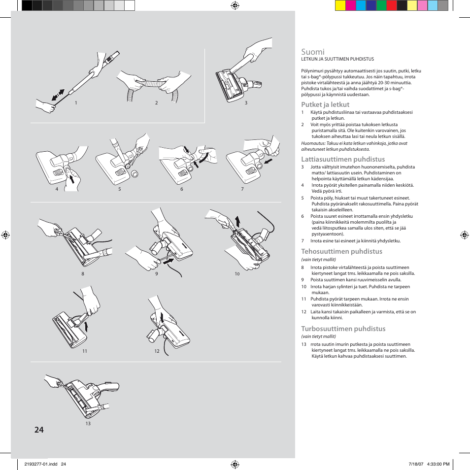 Suomi, Putket ja letkut, Lattiasuuttimen puhdistus | Tehosuuttimen puhdistus, Turbosuuttimen puhdistus | Electrolux Z3300 User Manual | Page 24 / 32