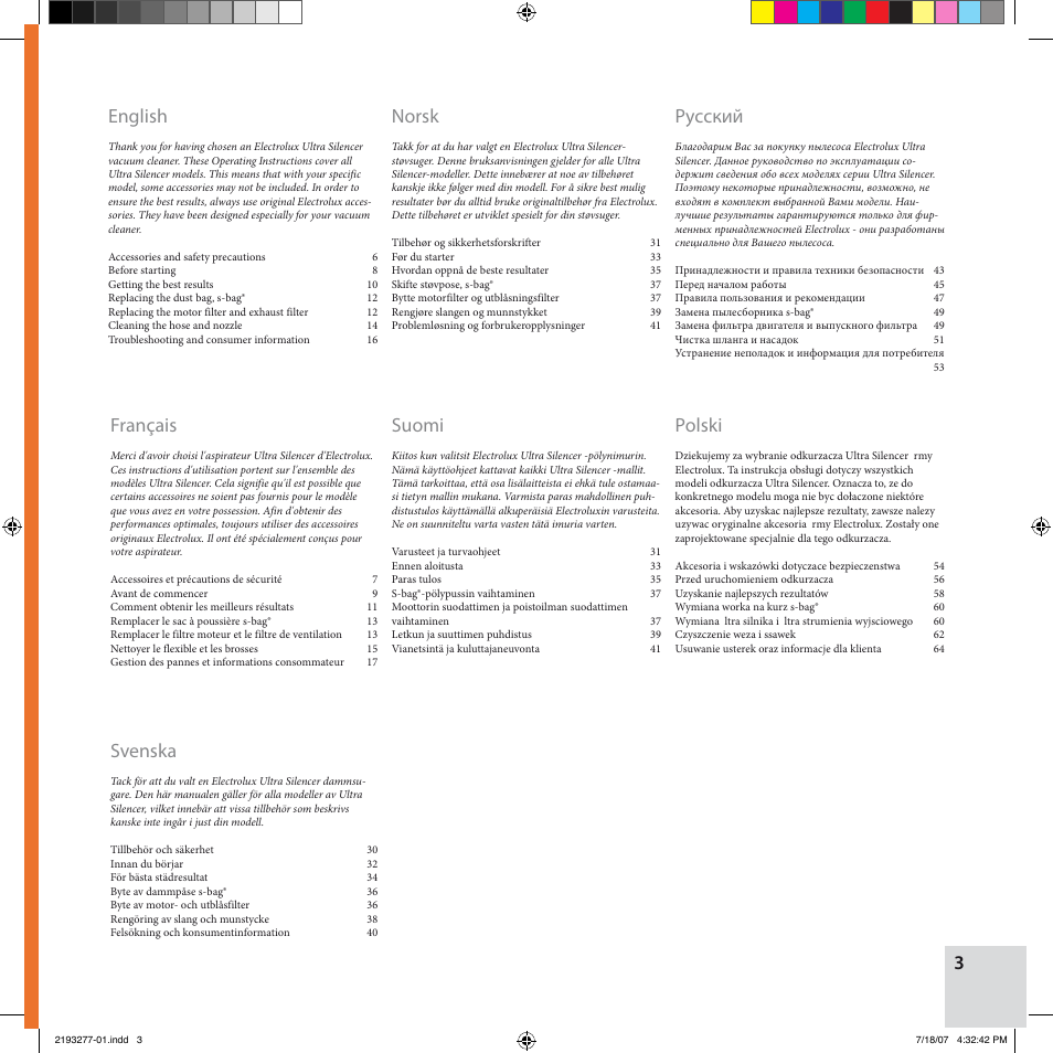 English, Français, Svenska | Norsk, Pусский, Polski, Suomi | Electrolux Z3300 User Manual | Page 3 / 32
