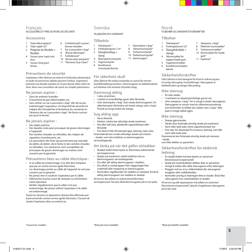 Français, Svenska, Norsk | Accessoires, Précautions de sécurité, Ne jamais aspirer, Précautions liées au câble électrique, Tillbehör, För säkerhets skull, Dammsug aldrig | Electrolux Z3300 User Manual | Page 5 / 32