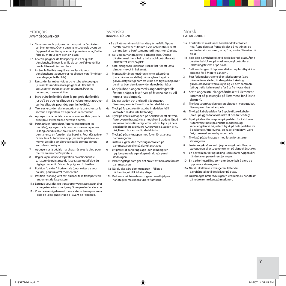 Français, Svenska, Norsk | Electrolux Z3300 User Manual | Page 7 / 32