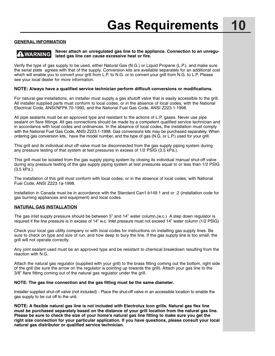 Gas requirements | Electrolux 57" Stainless Steel Gas Grill User Manual | Page 10 / 21