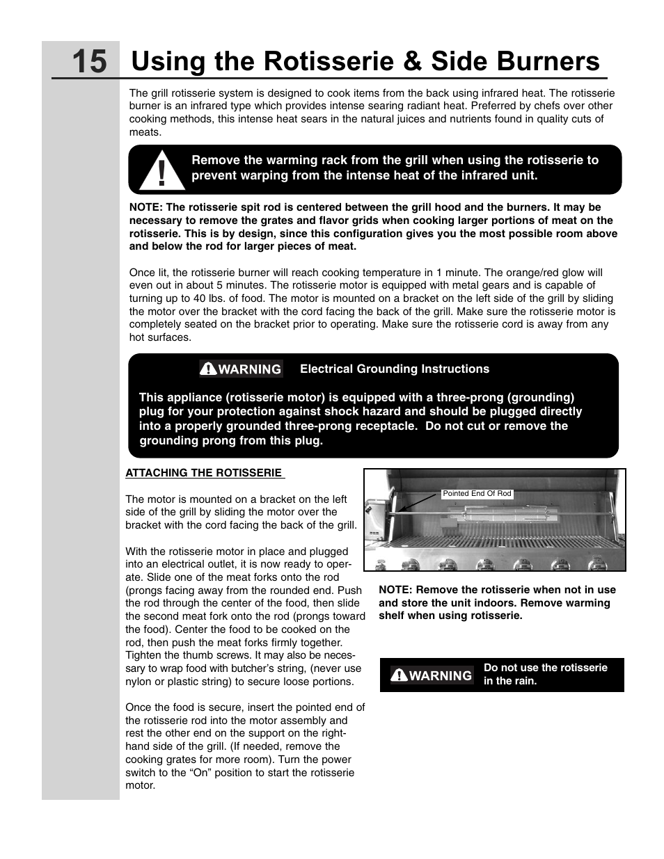 Using the rotisserie & side burners | Electrolux 57" Stainless Steel Gas Grill User Manual | Page 15 / 21