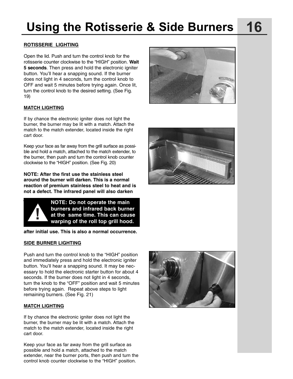 Using the rotisserie & side burners | Electrolux 57" Stainless Steel Gas Grill User Manual | Page 16 / 21