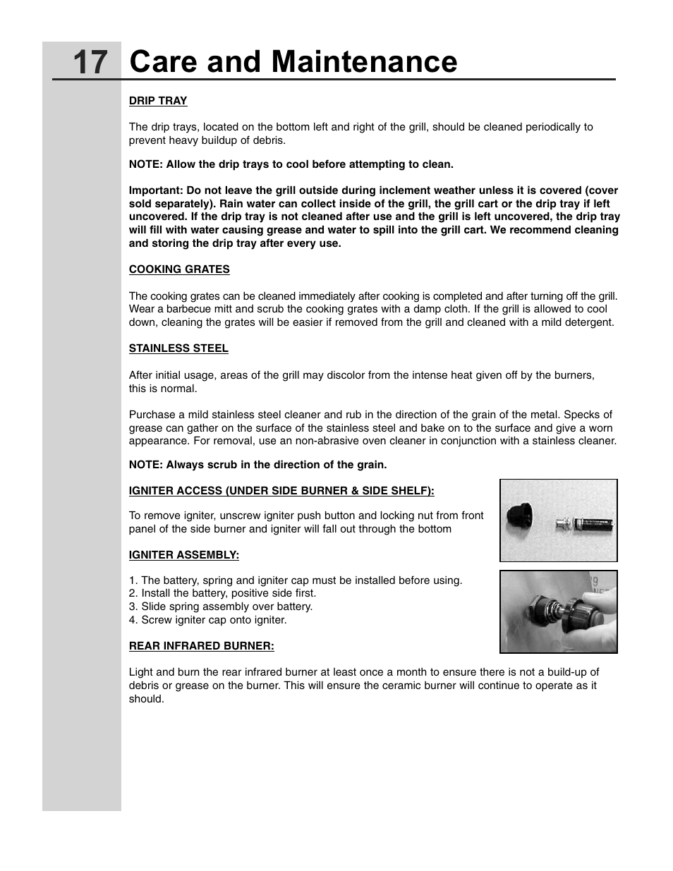 Care and maintenance | Electrolux 57" Stainless Steel Gas Grill User Manual | Page 17 / 21