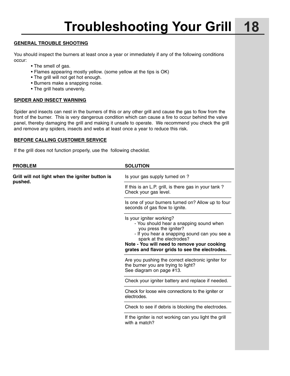 Troubleshooting your grill | Electrolux 57" Stainless Steel Gas Grill User Manual | Page 18 / 21