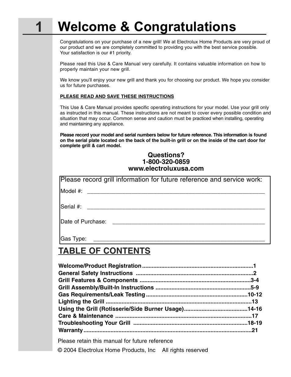 Electrolux 57" Stainless Steel Gas Grill User Manual | Page 2 / 21