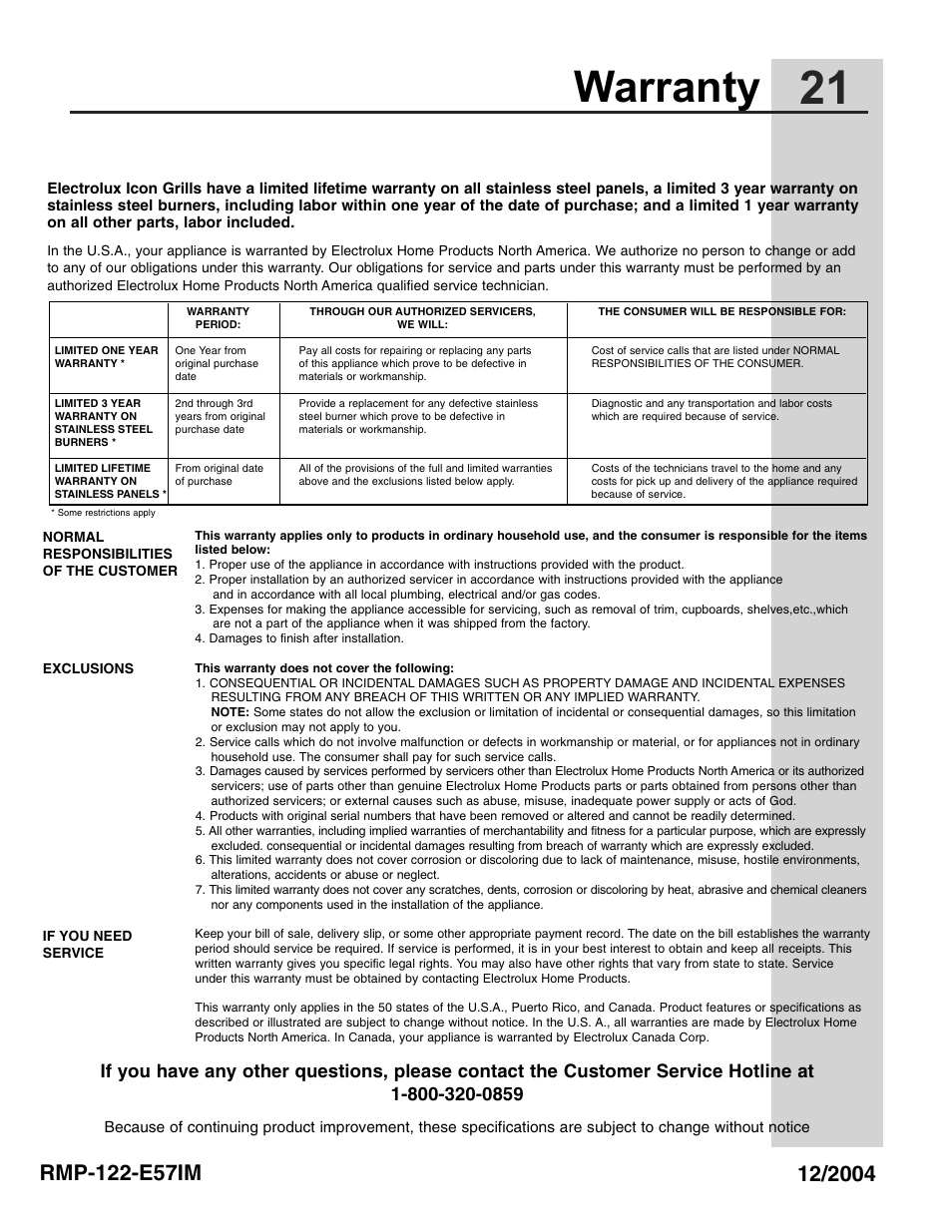 Warranty, Limited lifetime warranty | Electrolux 57" Stainless Steel Gas Grill User Manual | Page 21 / 21