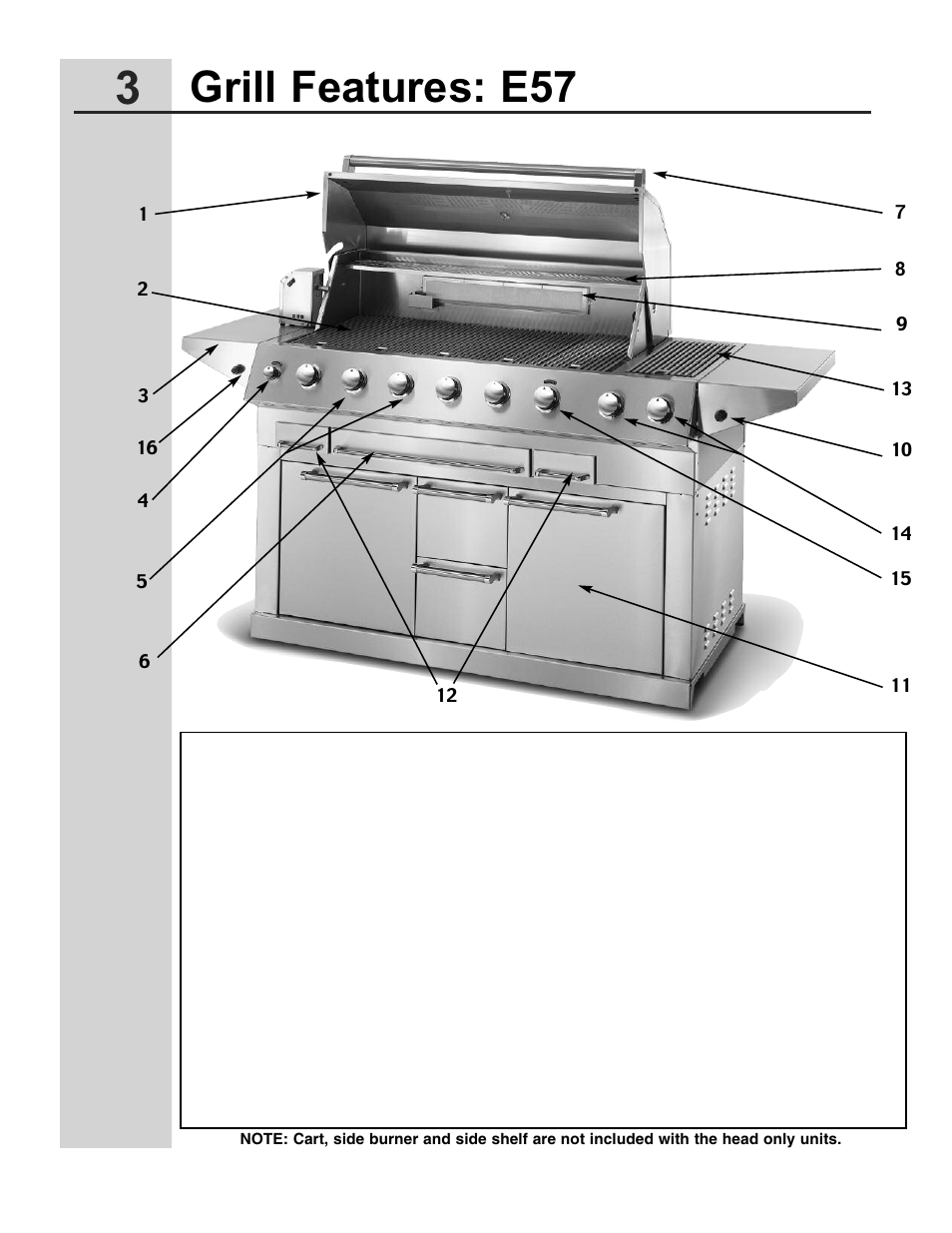 Grill features: e57 | Electrolux 57" Stainless Steel Gas Grill User Manual | Page 4 / 21