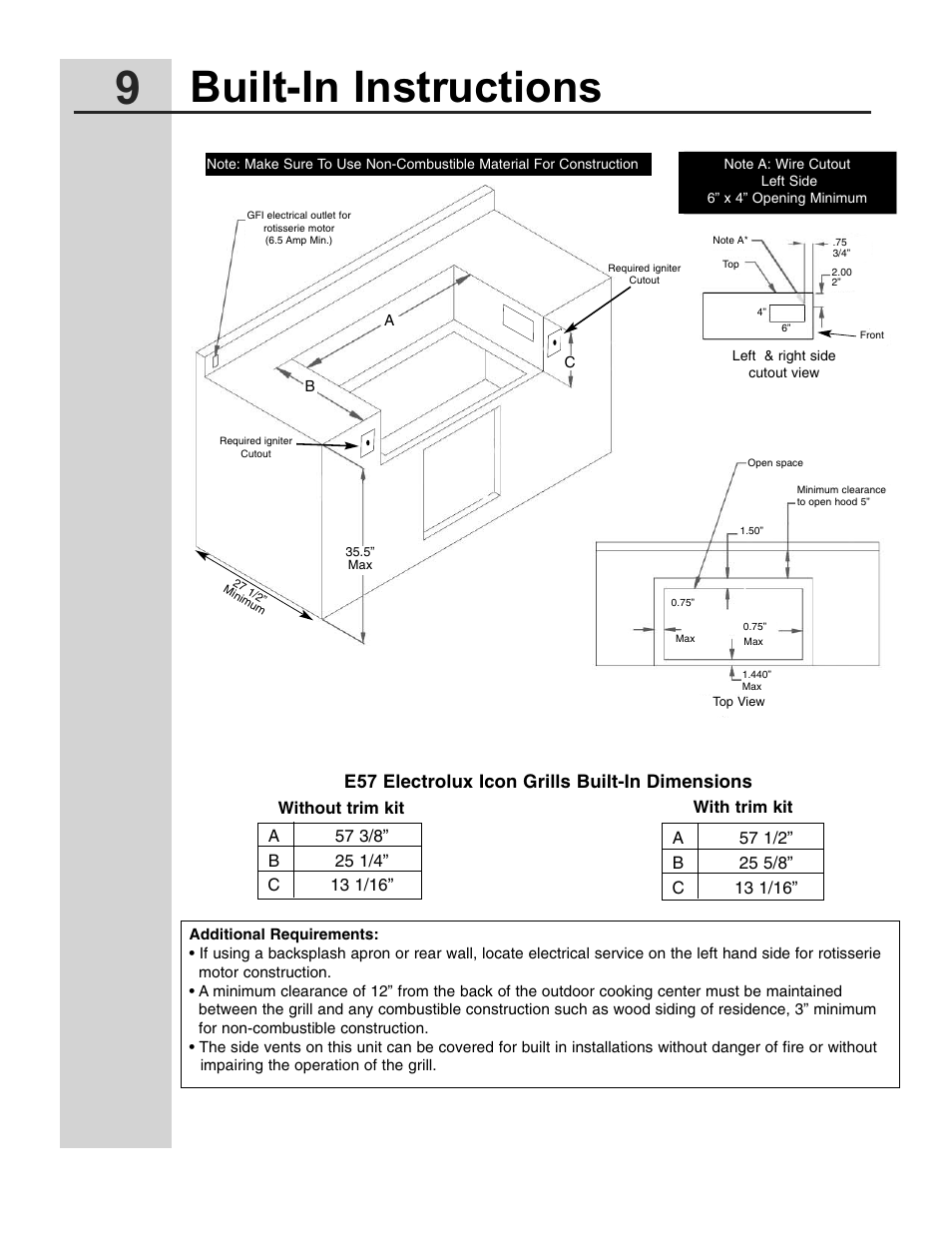Built-in instructions, E57 electrolux icon grills built-in dimensions | Electrolux 57" Stainless Steel Gas Grill User Manual | Page 9 / 21