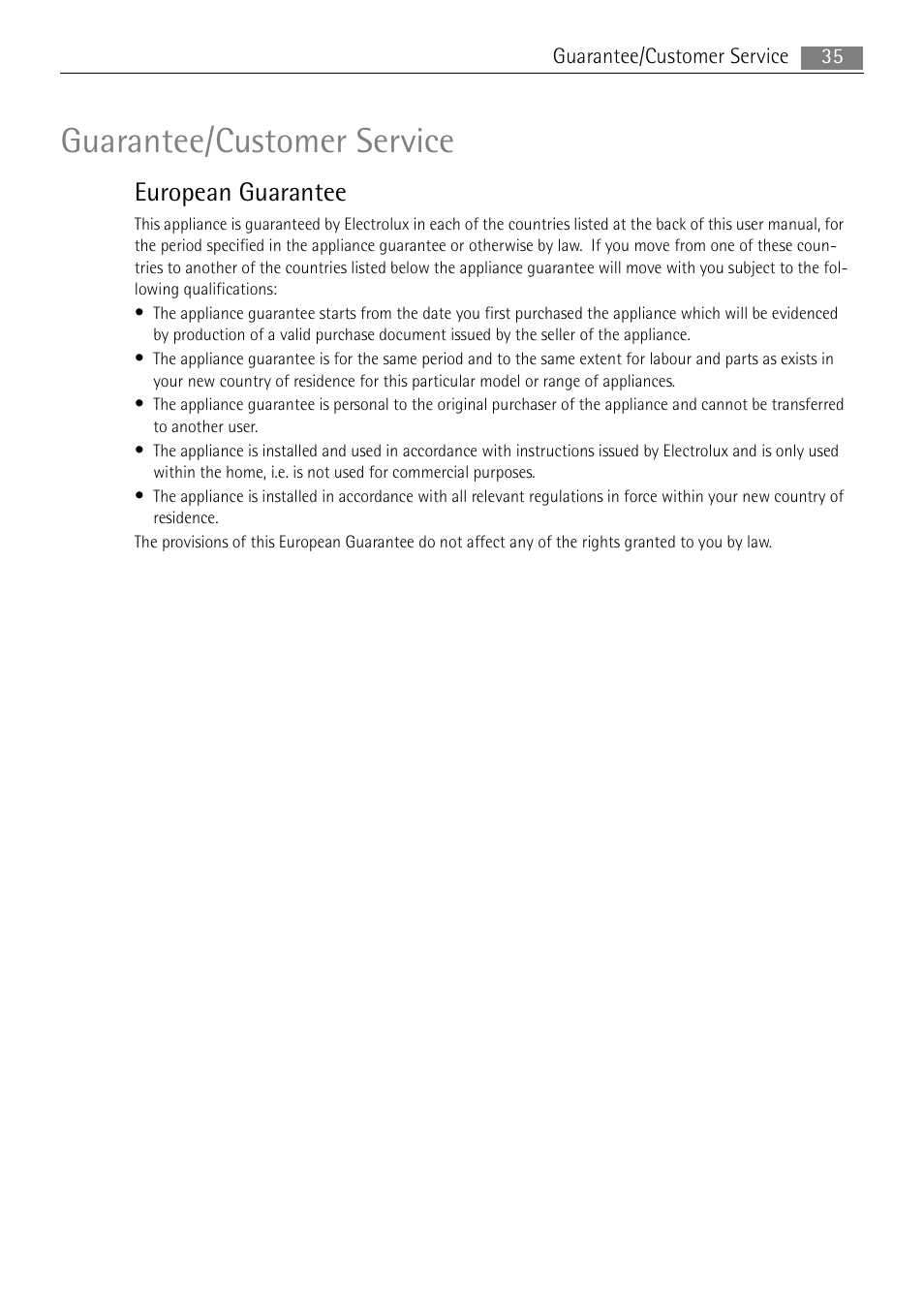 Guarantee/customer service, European guarantee | Electrolux E3000-5 User Manual | Page 35 / 40