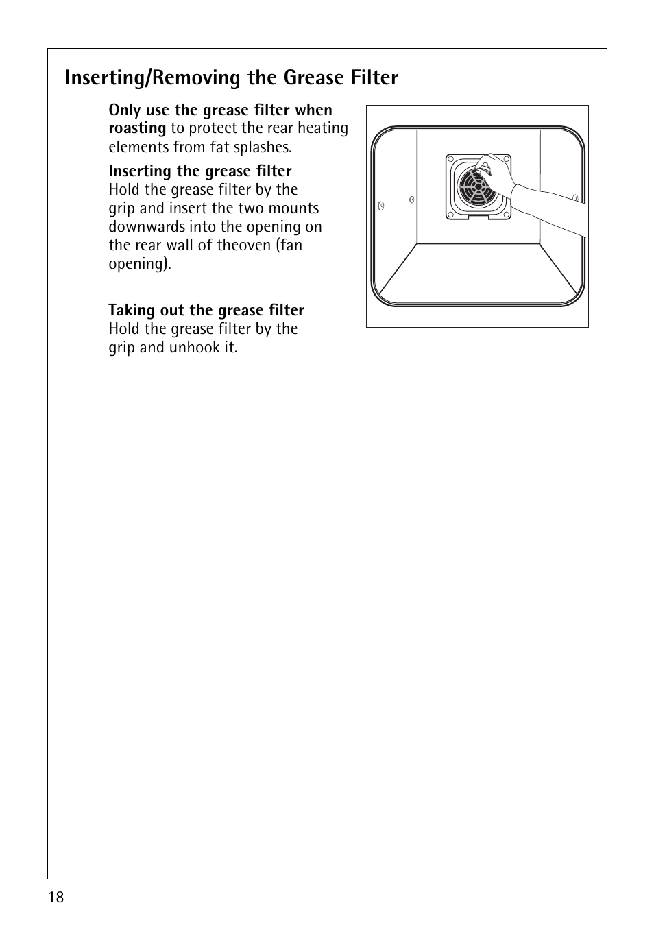 Inserting/removing the grease filter | Electrolux 61016VI User Manual | Page 18 / 56