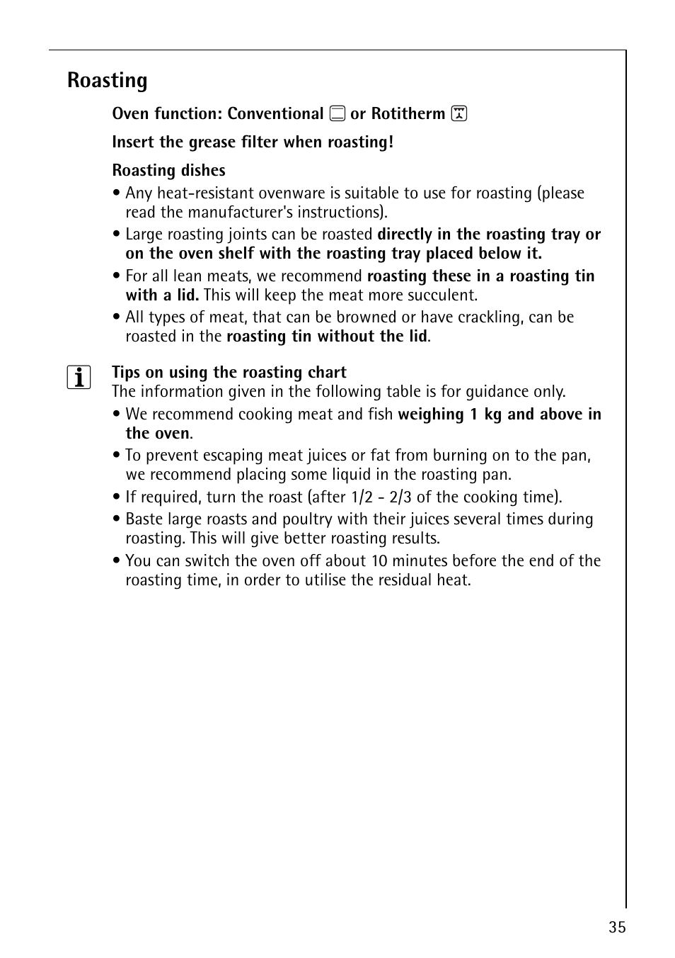 Roasting | Electrolux 61016VI User Manual | Page 35 / 56