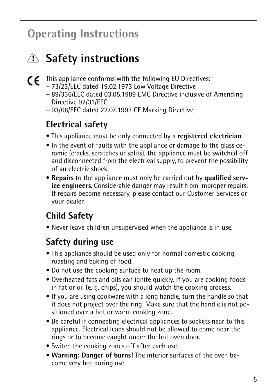 Operating instructions 1 safety instructions 5, Electrical safety, Child safety | Safety during use | Electrolux 61016VI User Manual | Page 5 / 56
