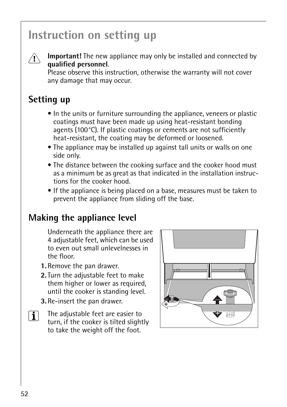 Instruction on setting up 1, Setting up, Making the appliance level | Electrolux 61016VI User Manual | Page 52 / 56
