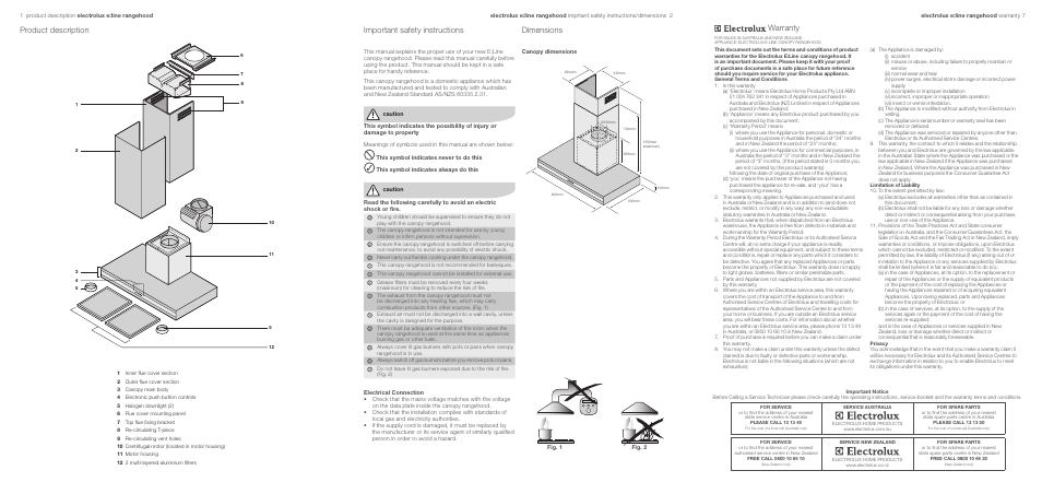 Product description, Warranty, Important safety instructions dimensions | Electrolux ERCE90AS User Manual | Page 9 / 10