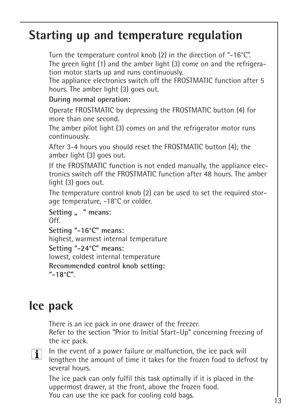 Starting up and temperature regulation, Ice pack | Electrolux 1194-7 GA User Manual | Page 13 / 28