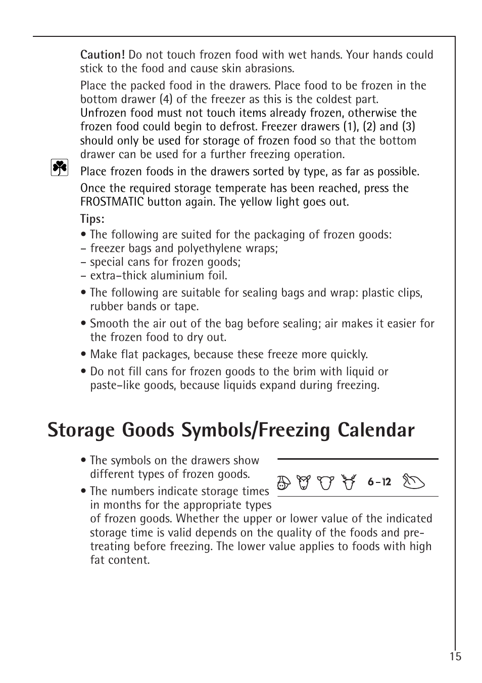 Storage goods symbols/freezing calendar | Electrolux 1194-7 GA User Manual | Page 15 / 28