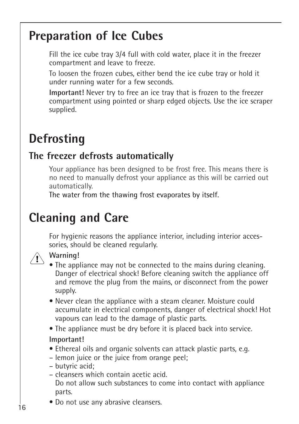 Preparation of ice cubes, Defrosting, Cleaning and care | Electrolux 1194-7 GA User Manual | Page 16 / 28
