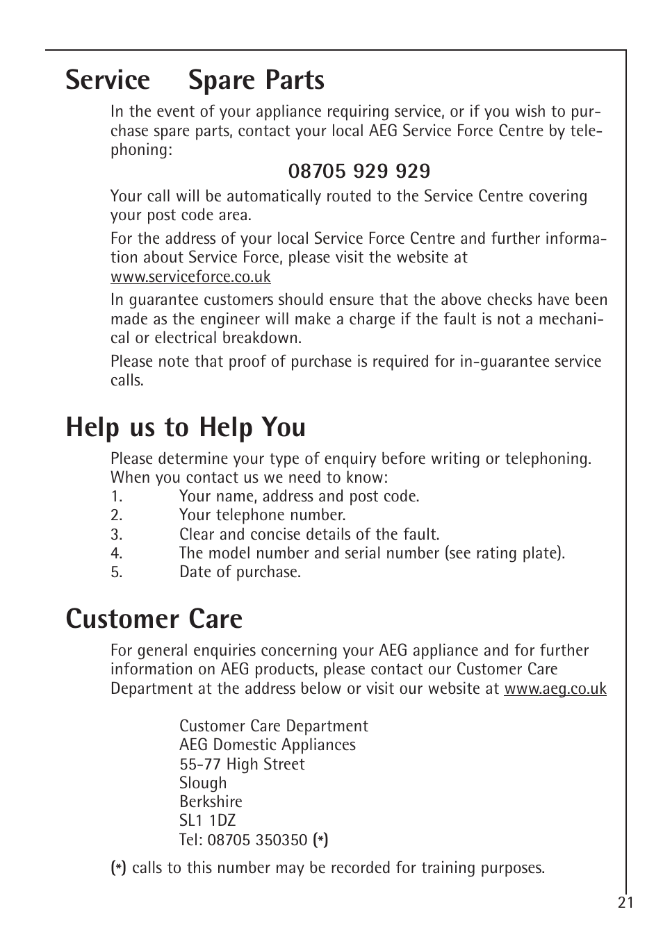 Service & spare parts, Help us to help you, Customer care | Electrolux 1194-7 GA User Manual | Page 21 / 28