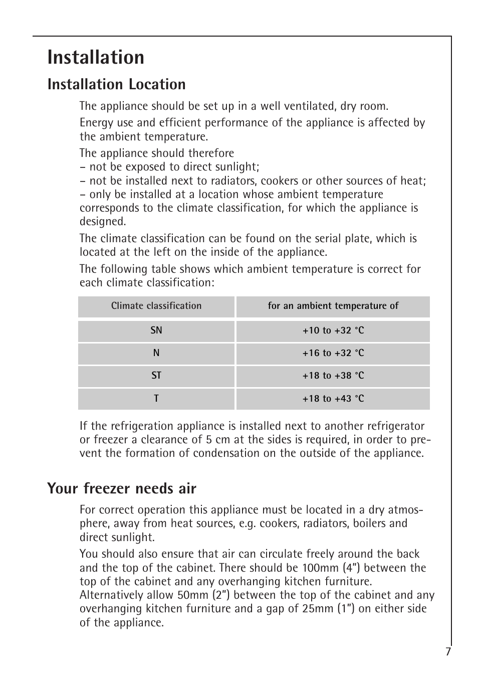 Installation, Installation location, Your freezer needs air | Electrolux 1194-7 GA User Manual | Page 7 / 28