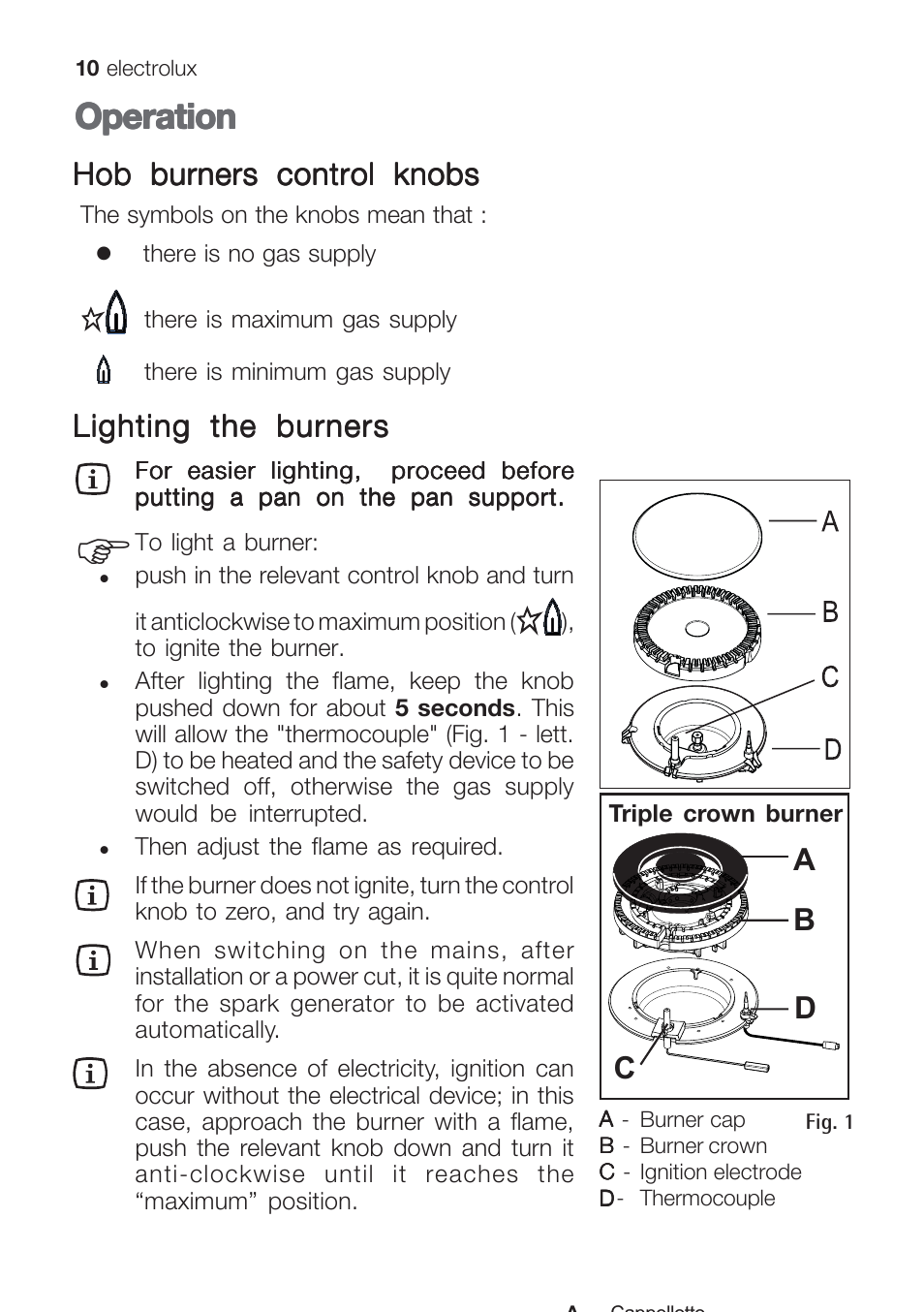 Operation, Hob burners control knobs, Lighting the burners | Ab d c | Electrolux EHG 9832 User Manual | Page 10 / 36