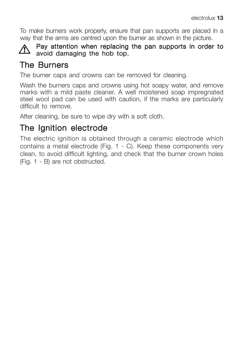 The burners, The ignition electrode | Electrolux EHG 9832 User Manual | Page 13 / 36